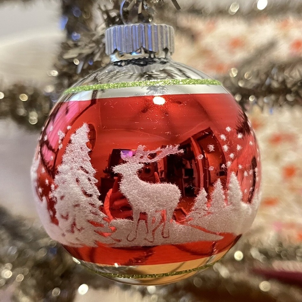 3" Radko Shiny Brite Stenciled Flocked Ornament Reindeer Winter Tree Red‎ Green